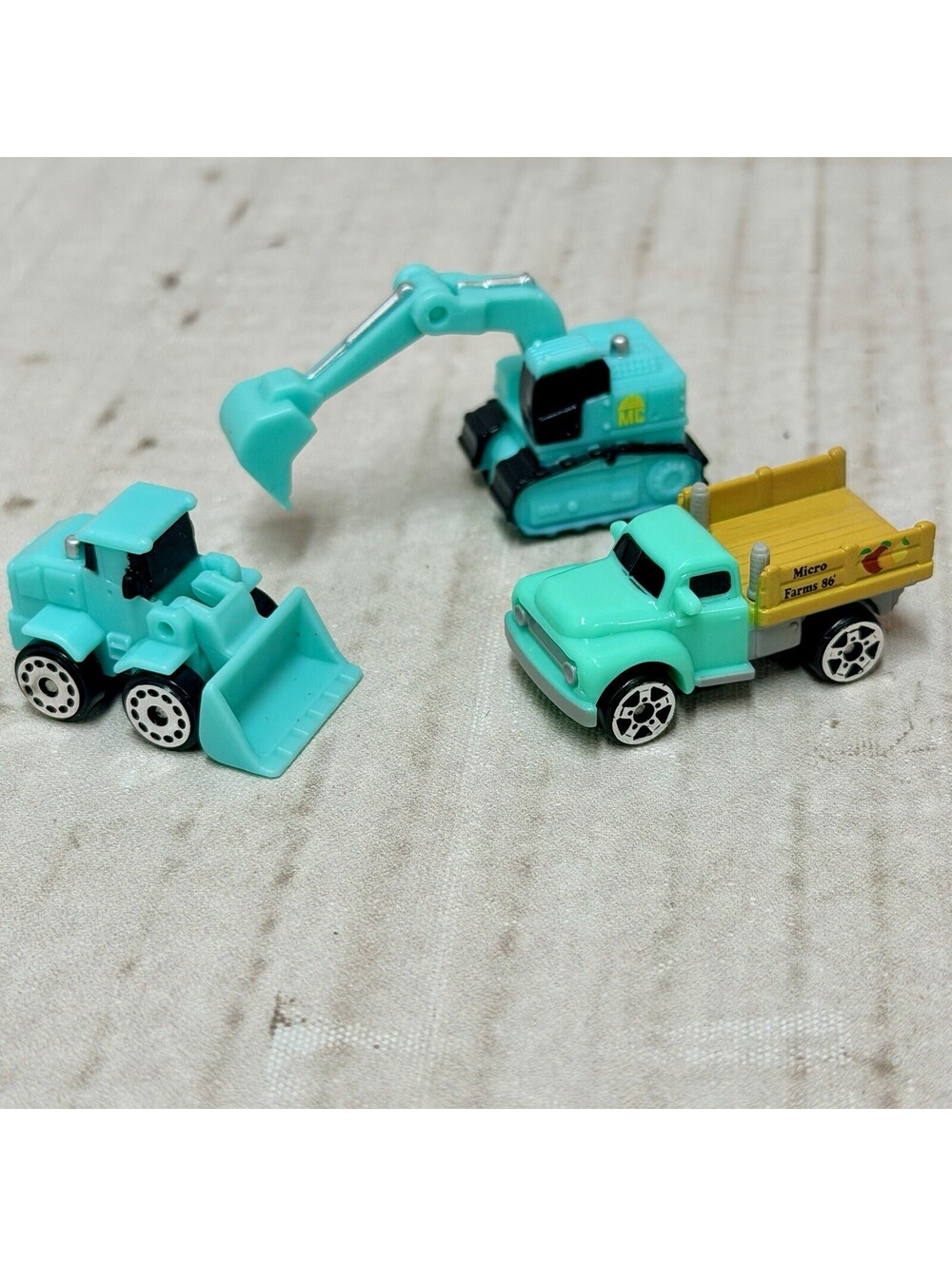 Vintage Lot of 3 Turquoise MICRO MACHINES Excavator, Loader, Classic Truck ~ MC
